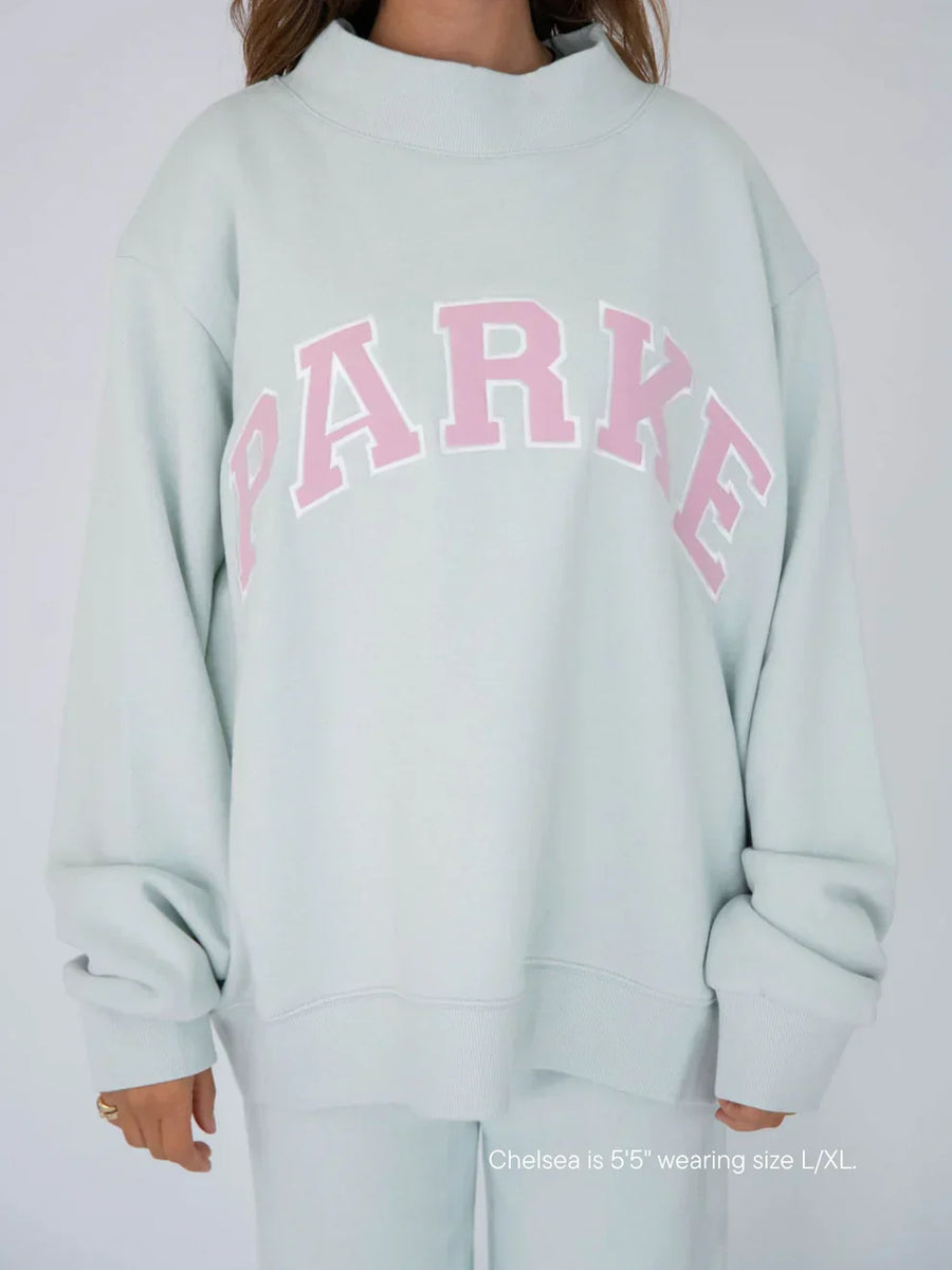 Parke | Varsity Mockneck Mint with Pink Letters