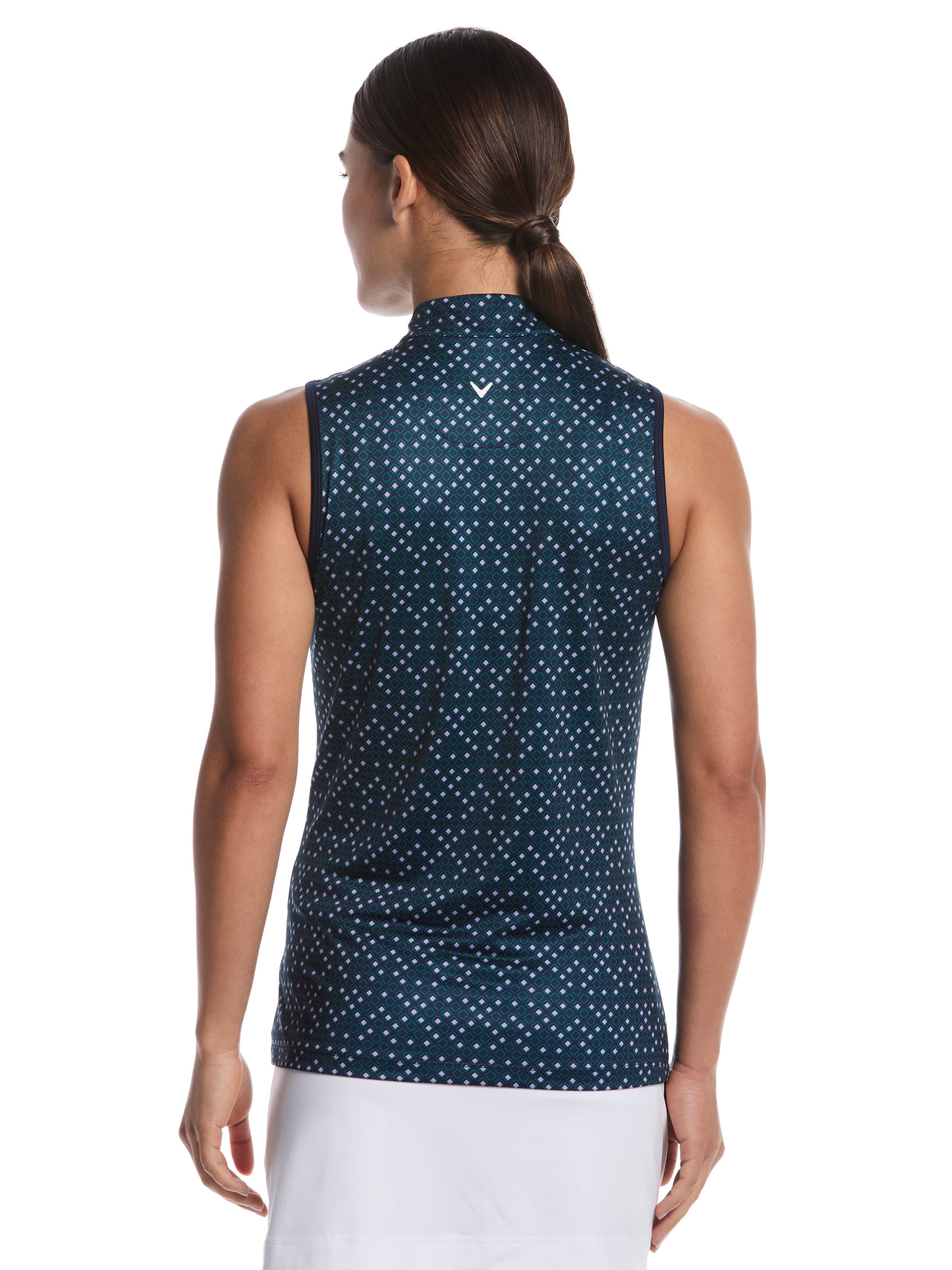 Womens Geo Print Quarter Zip Sleeveless Mock Neck Shirt