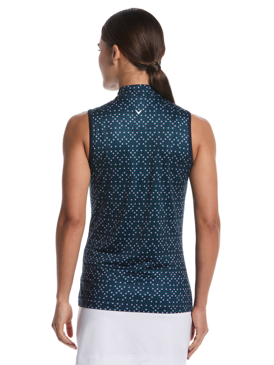 Womens Geo Print Quarter Zip Sleeveless Mock Neck Shirt