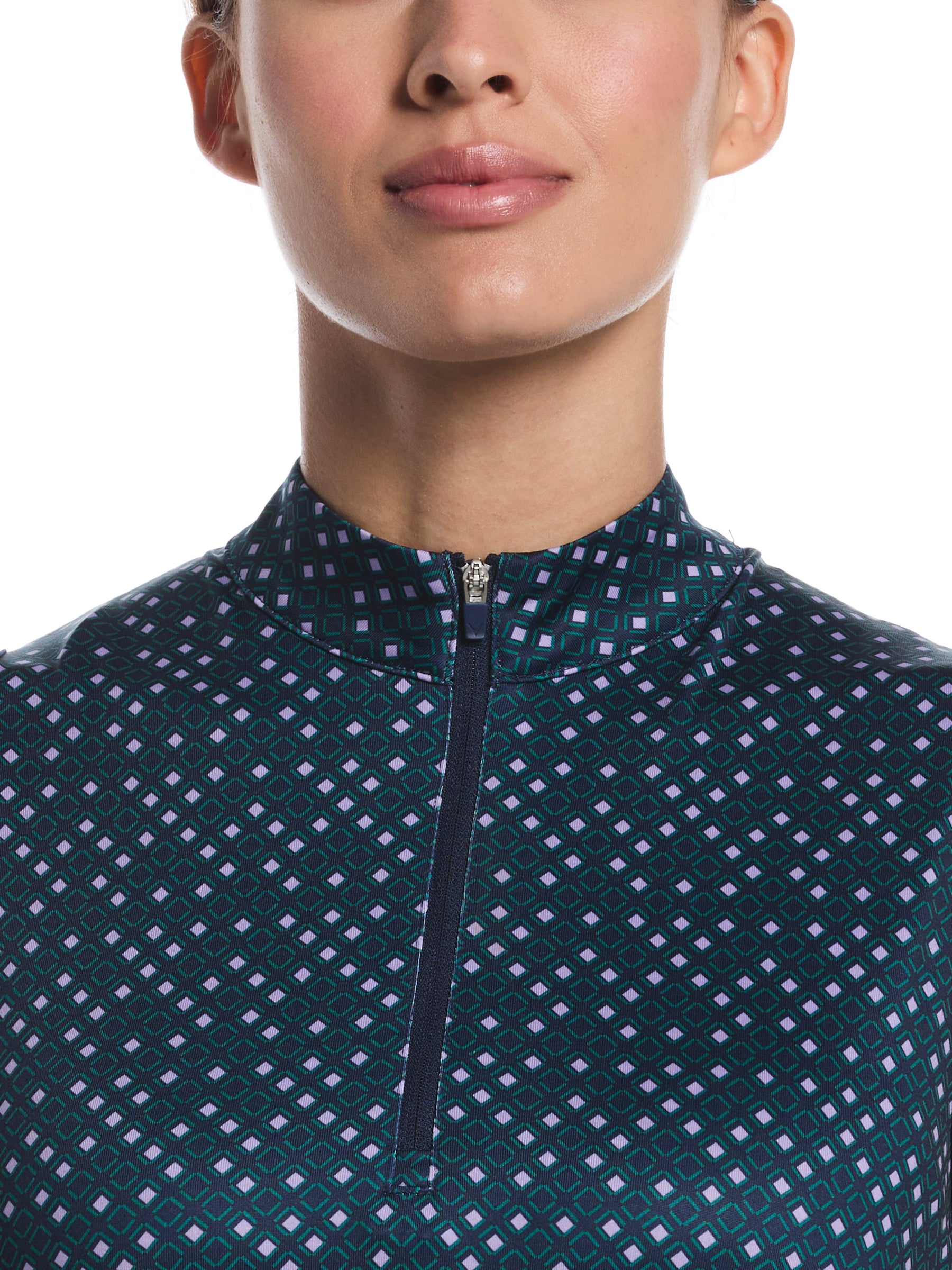 Womens Geo Print Quarter Zip Sleeveless Mock Neck Shirt