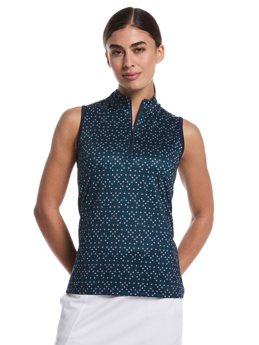 Womens Geo Print Quarter Zip Sleeveless Mock Neck Shirt