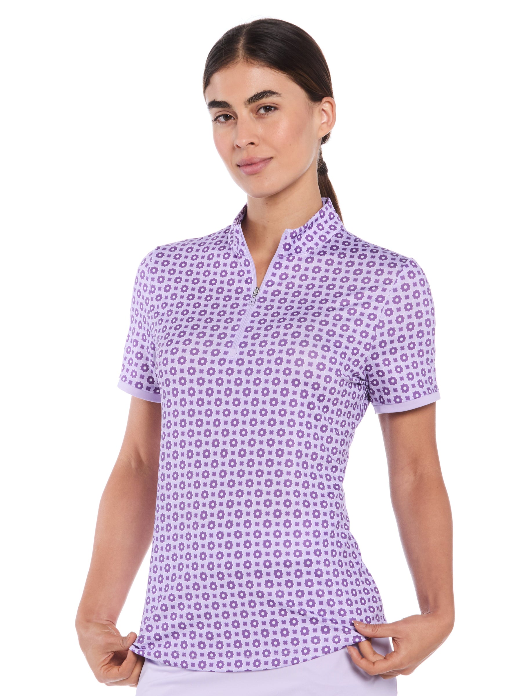 Womens Geo Print Zip Golf Polo
