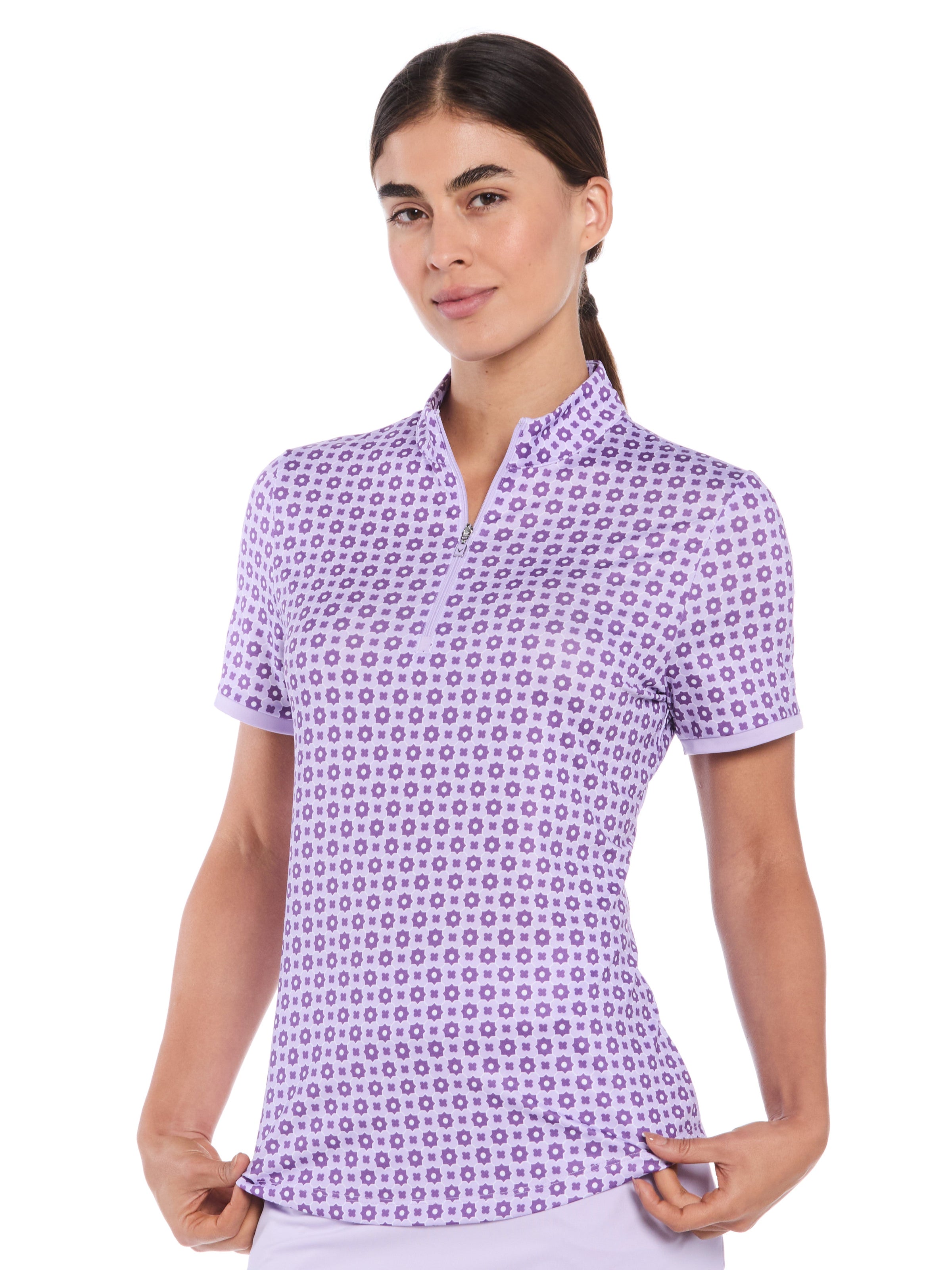 Womens Geo Print Zip Golf Polo