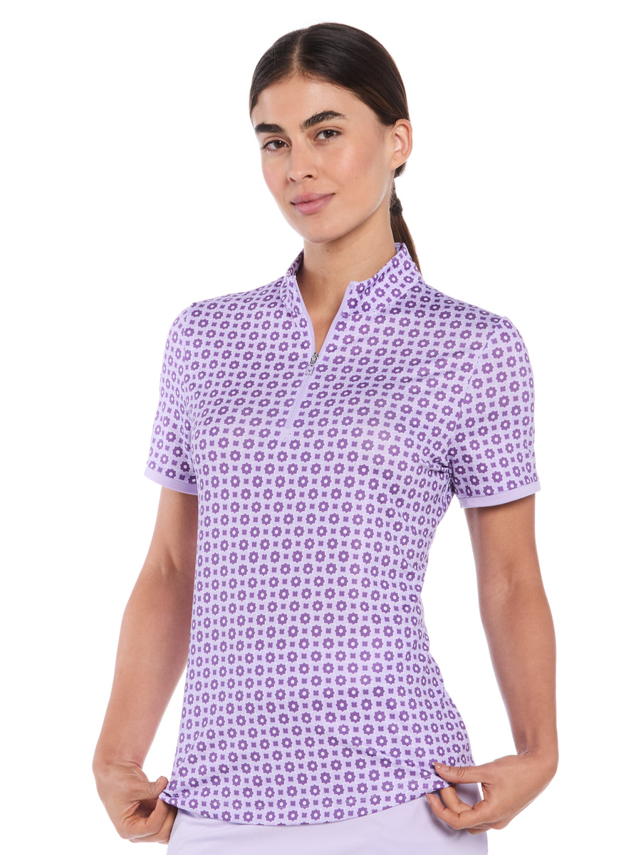 Womens Geo Print Zip Golf Polo
