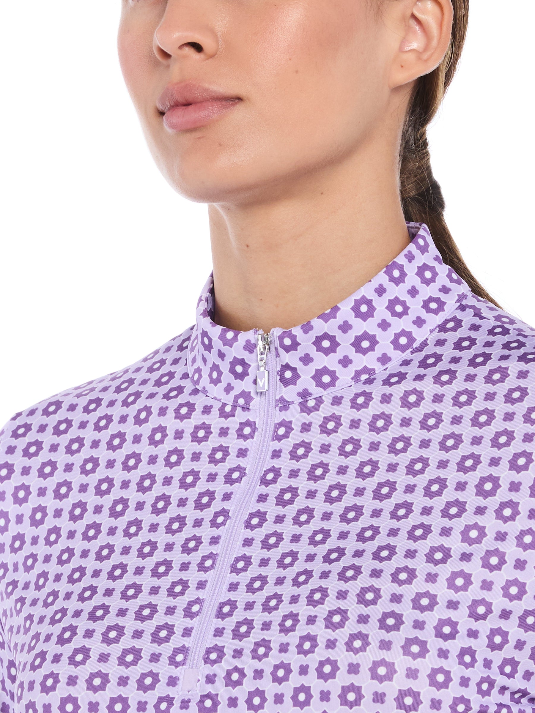 Womens Geo Print Zip Golf Polo