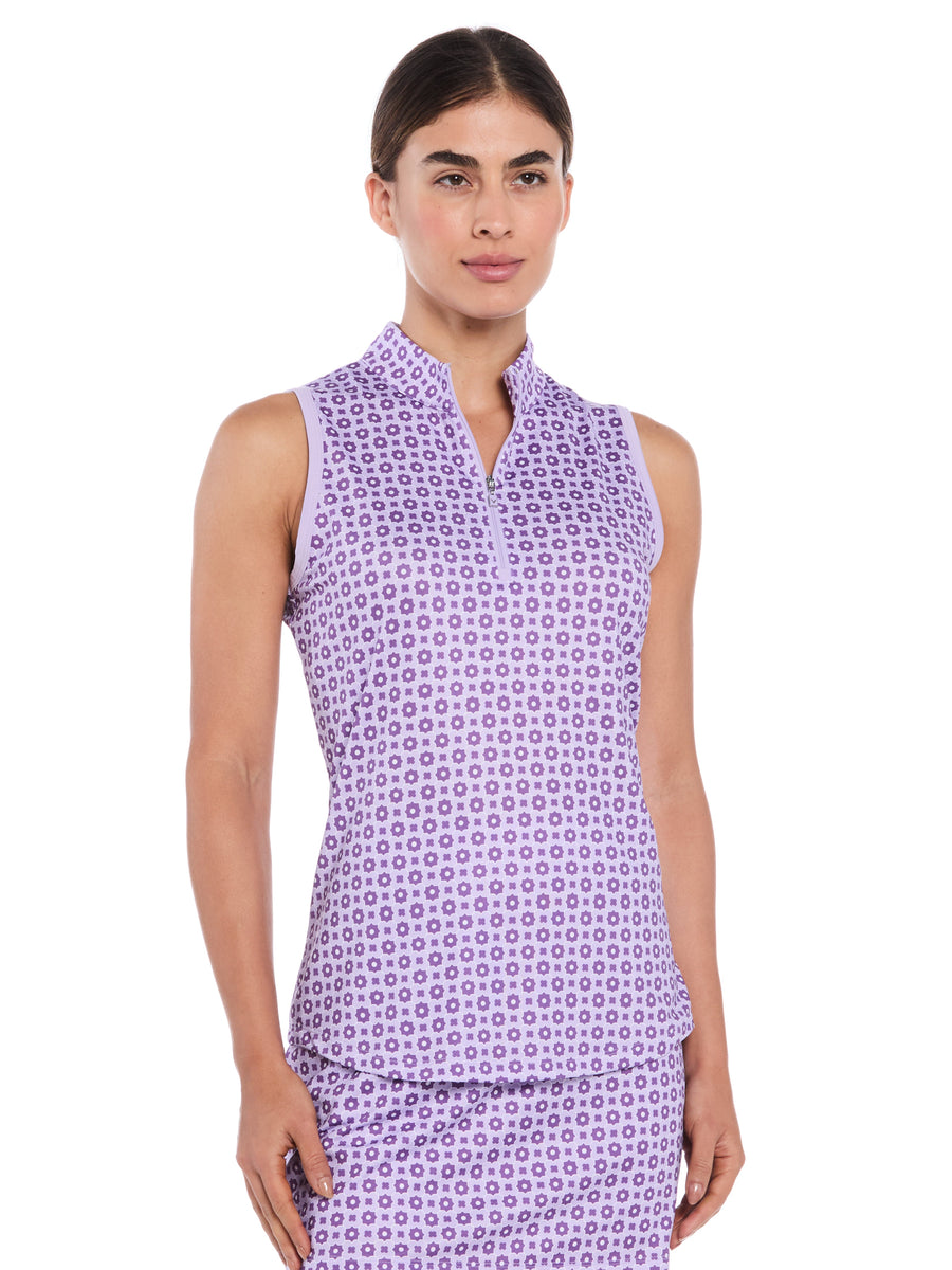 Womens Geo Print Zip Neck Golf Polo