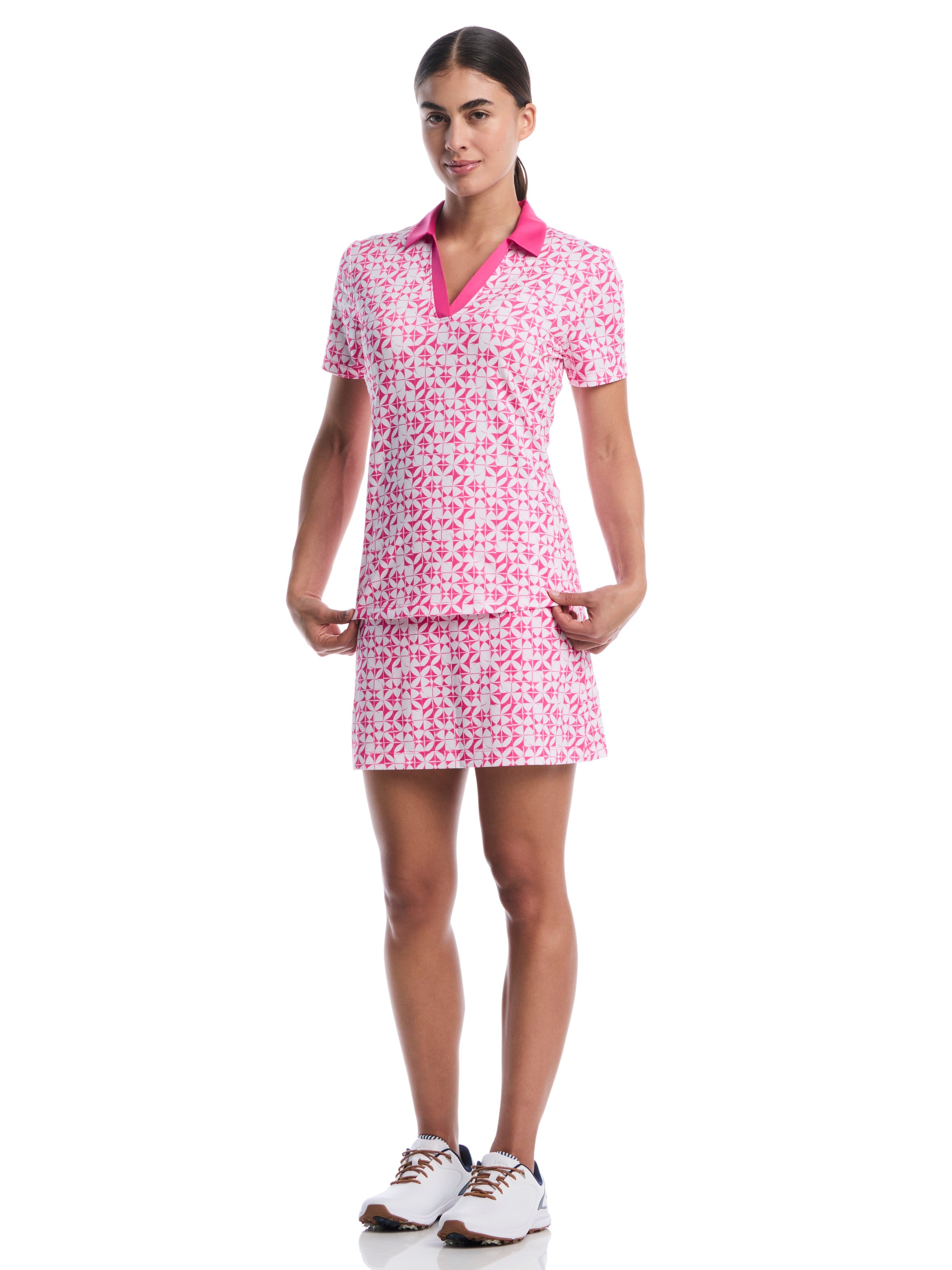 Womens Geometric Print Golf V-Neck Polo