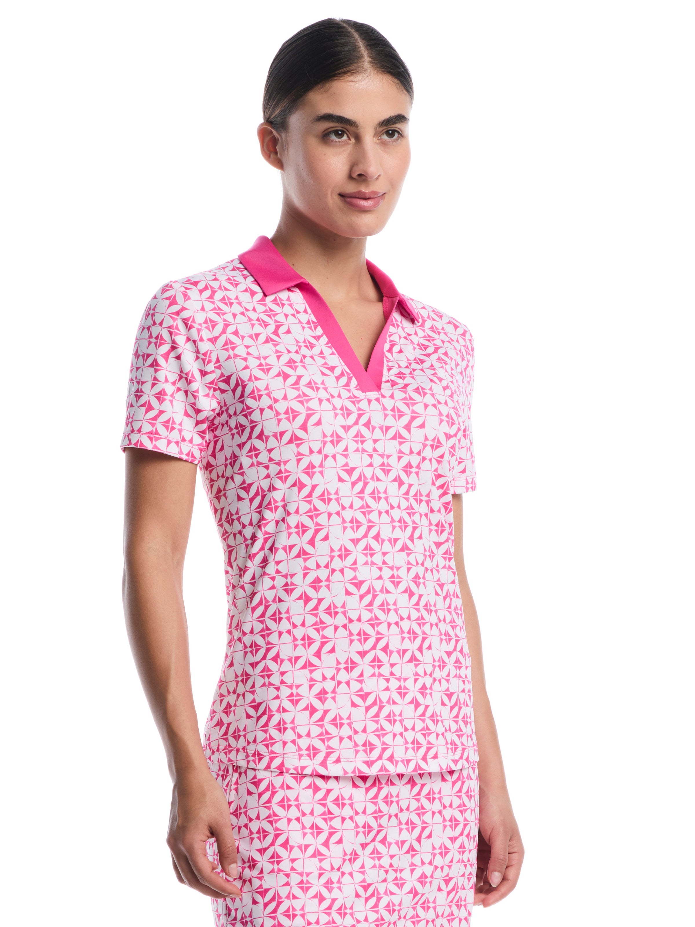 Womens Geometric Print Golf V-Neck Polo