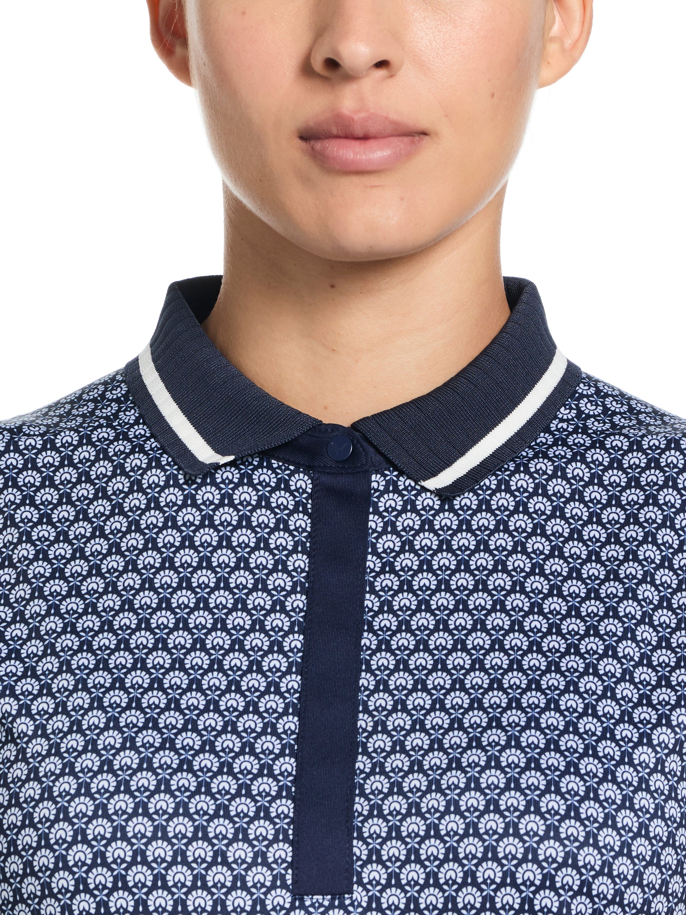Womens Scarf Geo Print Rib Collar Polo