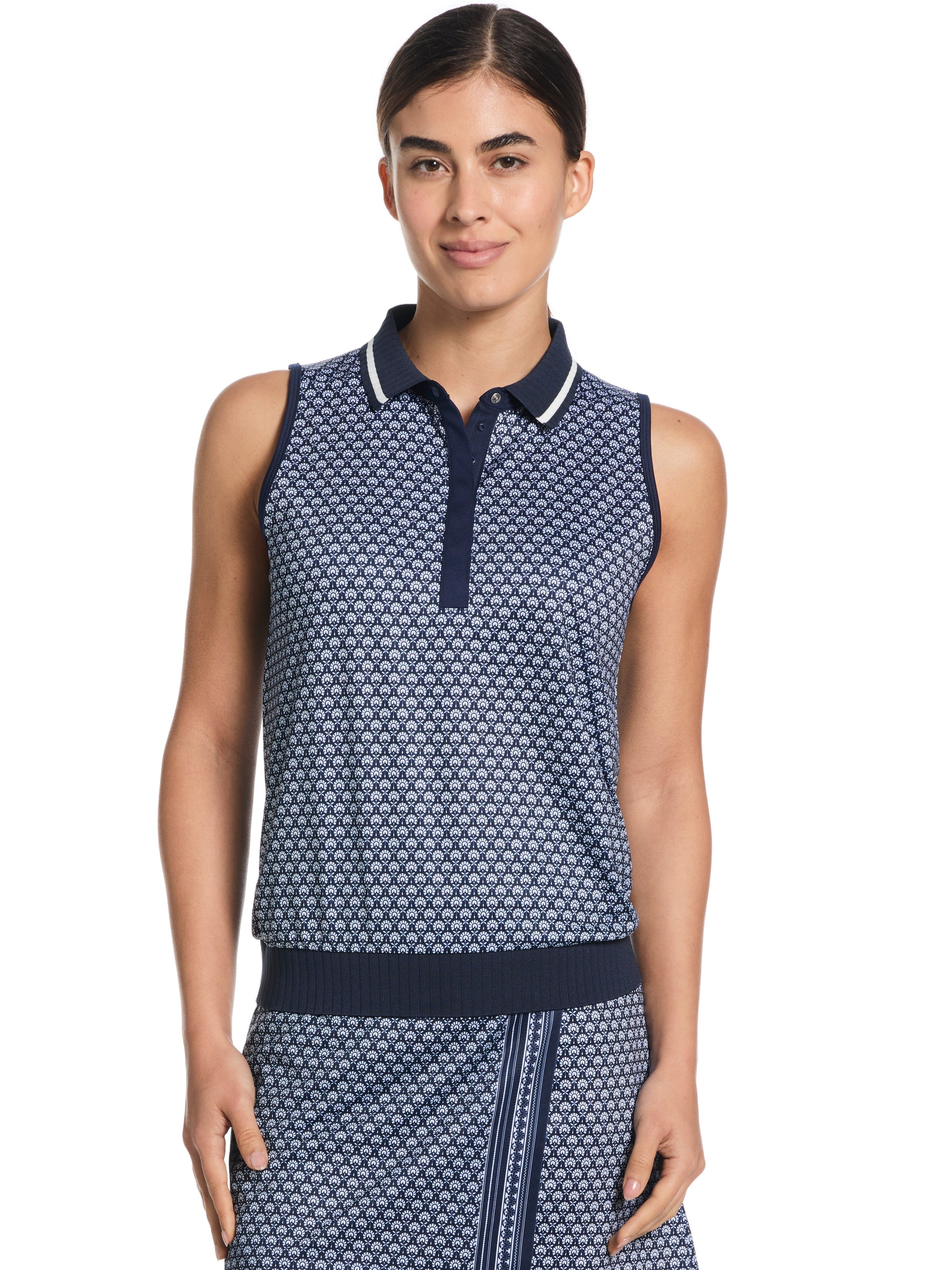 Womens Scarf Geo Print Rib Collar Polo
