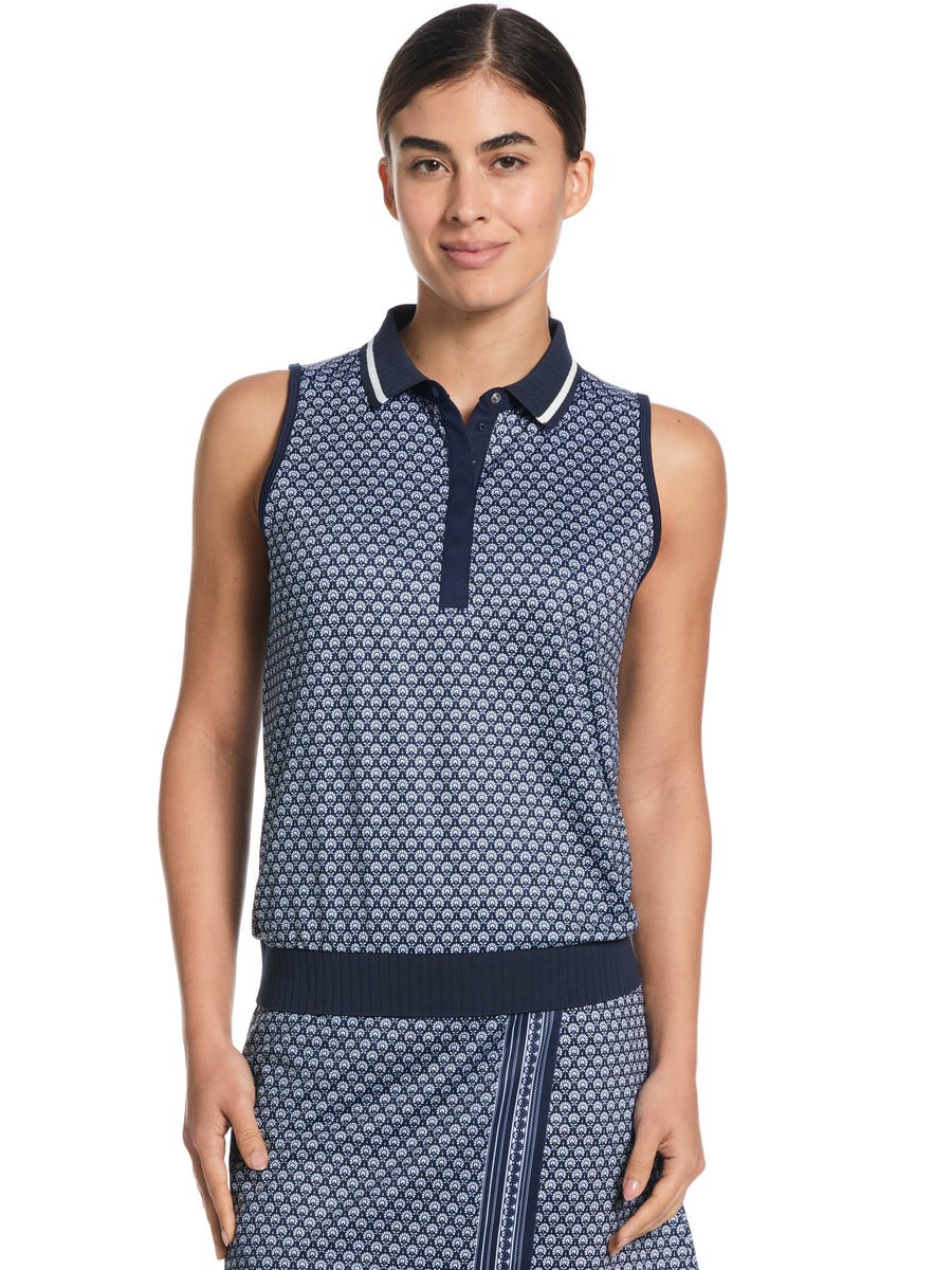 Womens Scarf Geo Print Rib Collar Polo