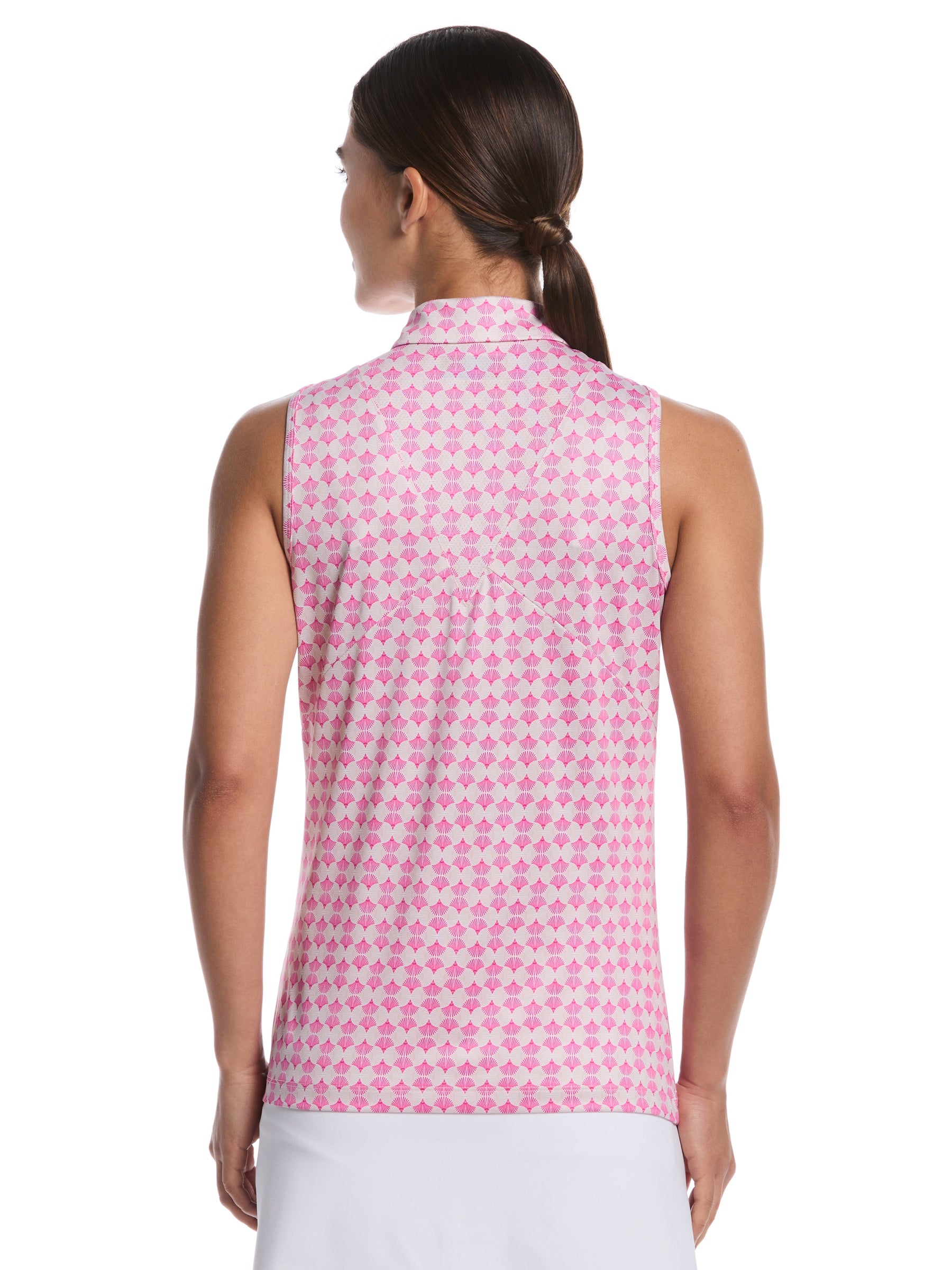 Womens Sleeveless Deco Geo Print Golf Polo