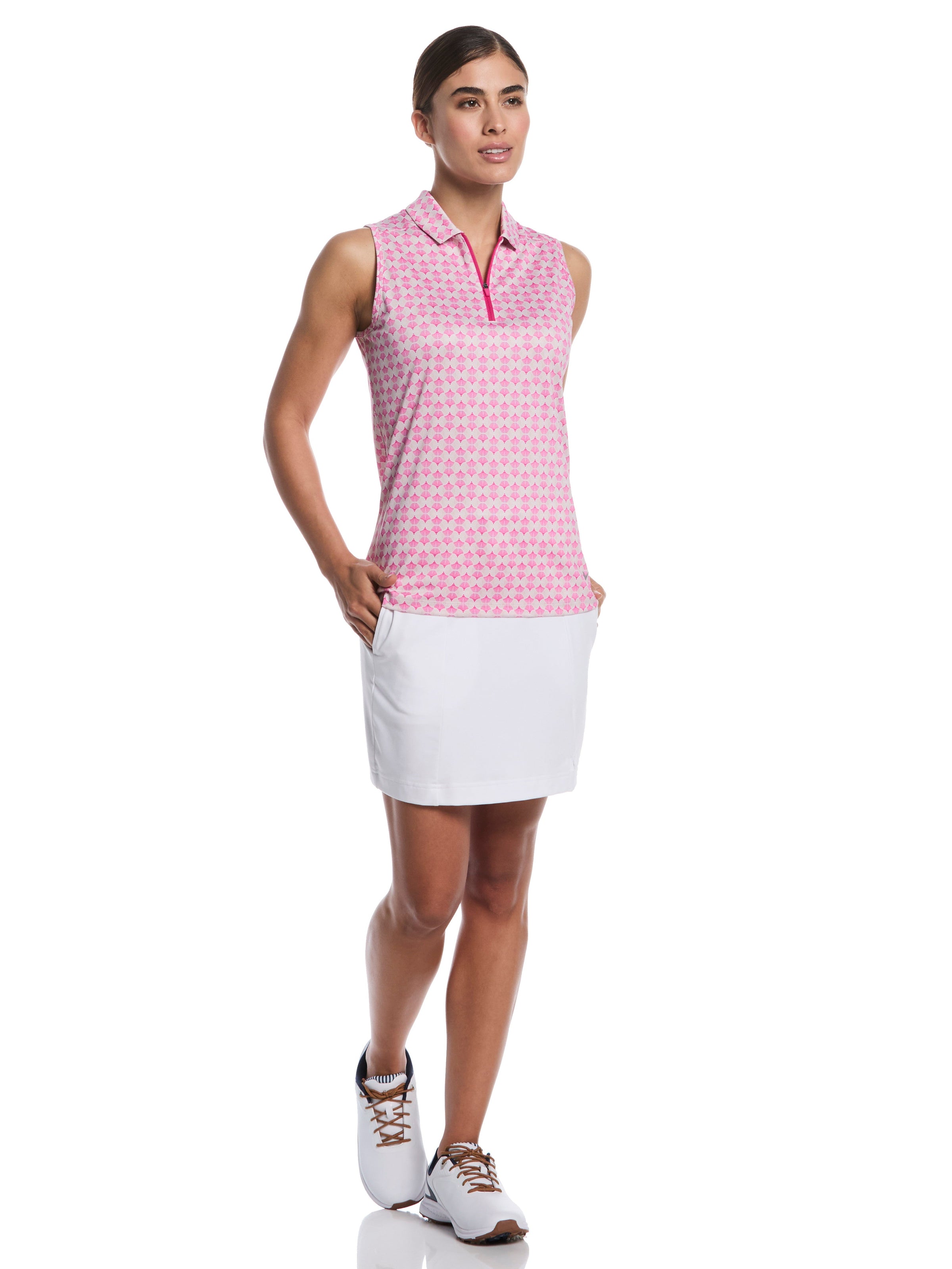Womens Sleeveless Deco Geo Print Golf Polo