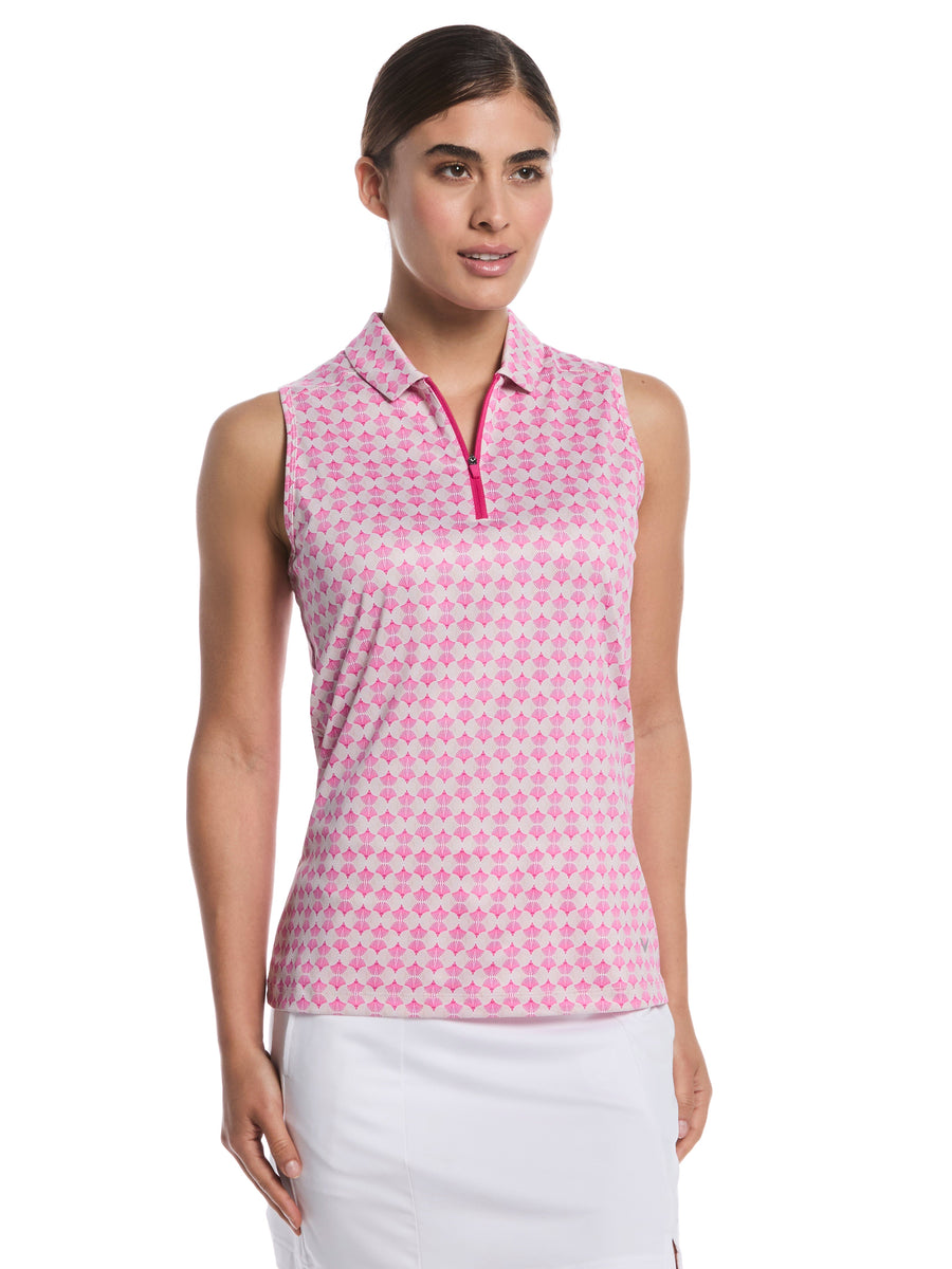 Womens Sleeveless Deco Geo Print Golf Polo