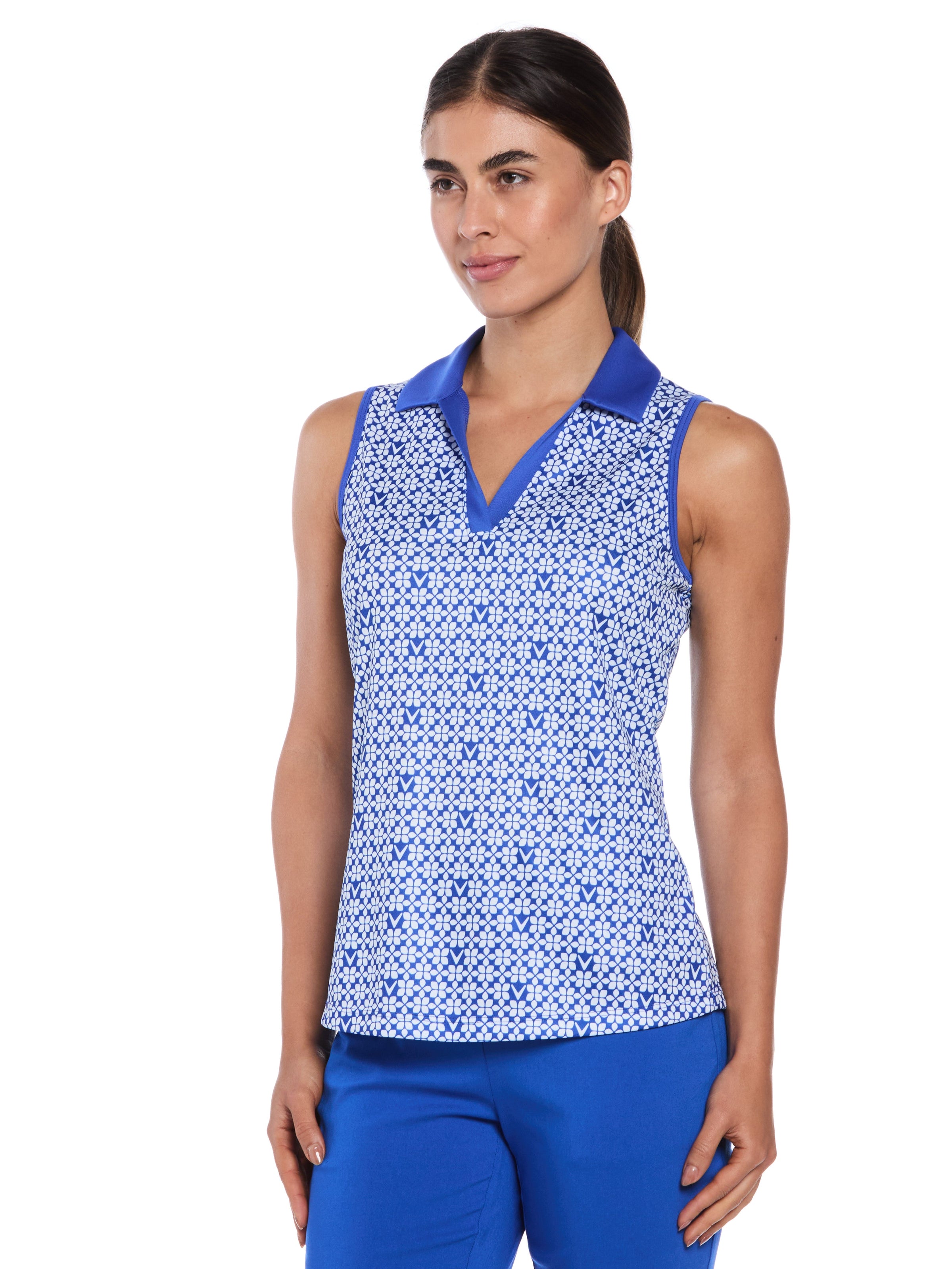 Womens Sleeveless Trademark Print Golf Polo