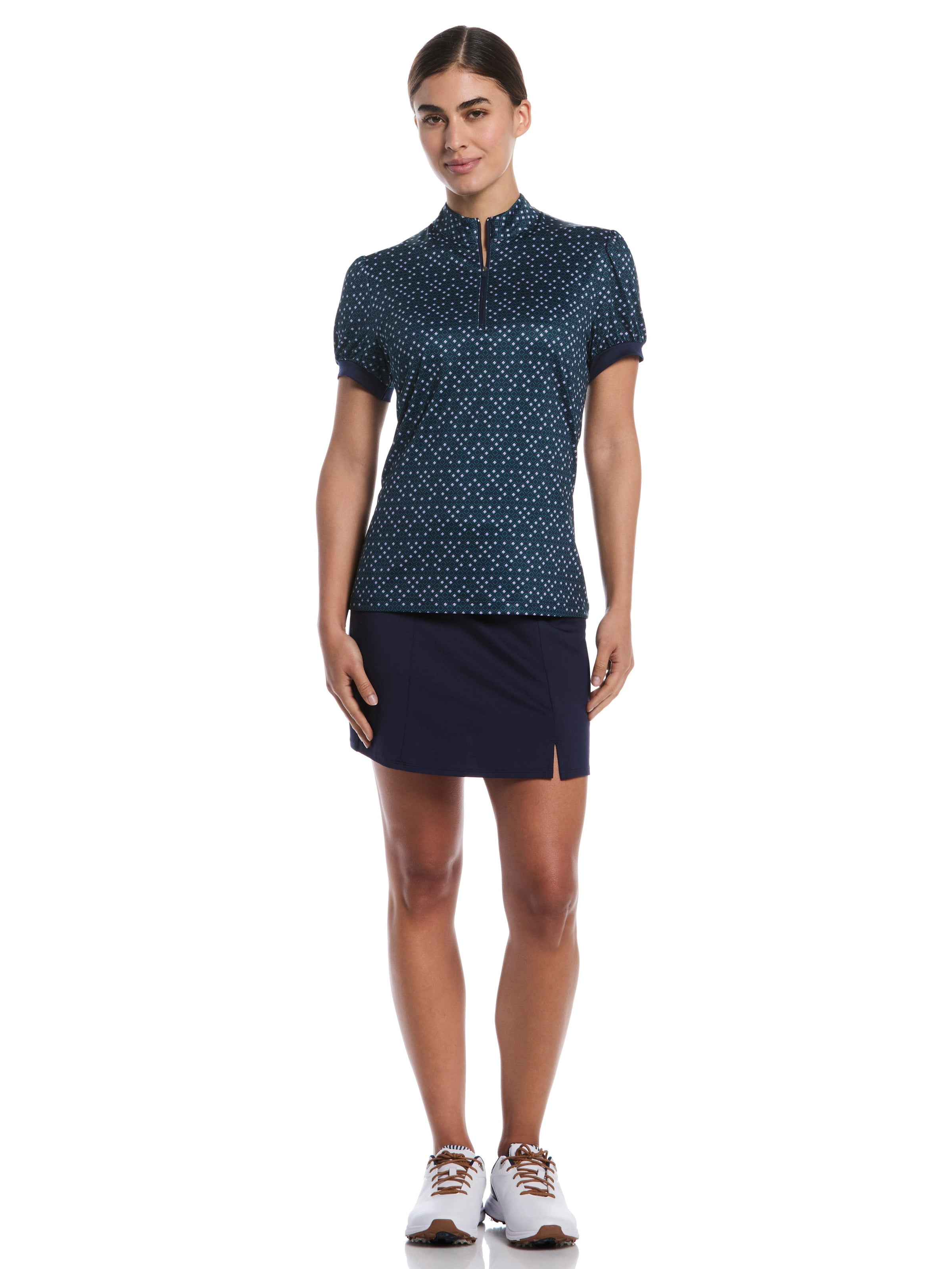 Womens Tab-Waist Relaxed Fit Puff Sleeve Polo