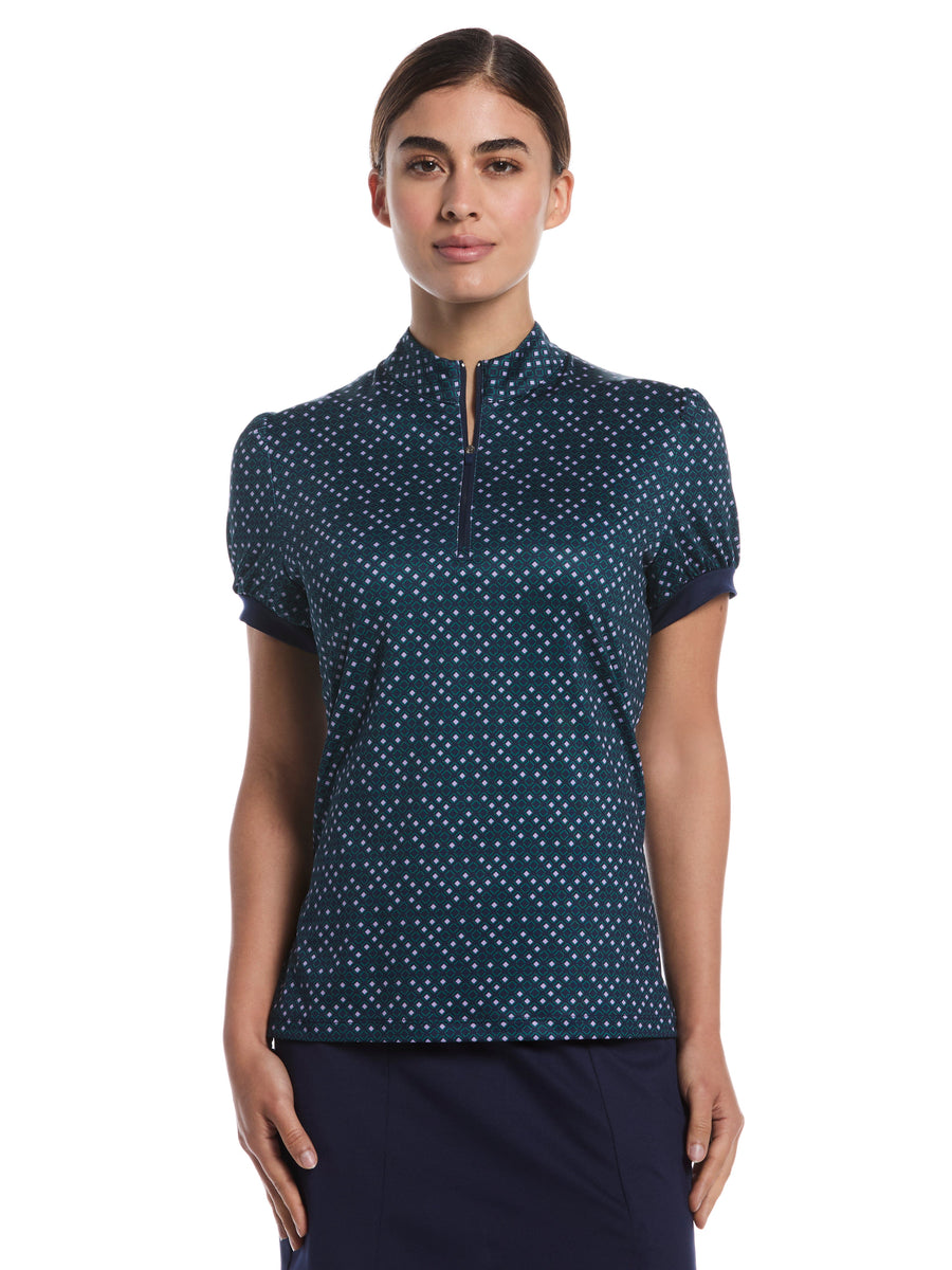 Womens Tab-Waist Relaxed Fit Puff Sleeve Polo